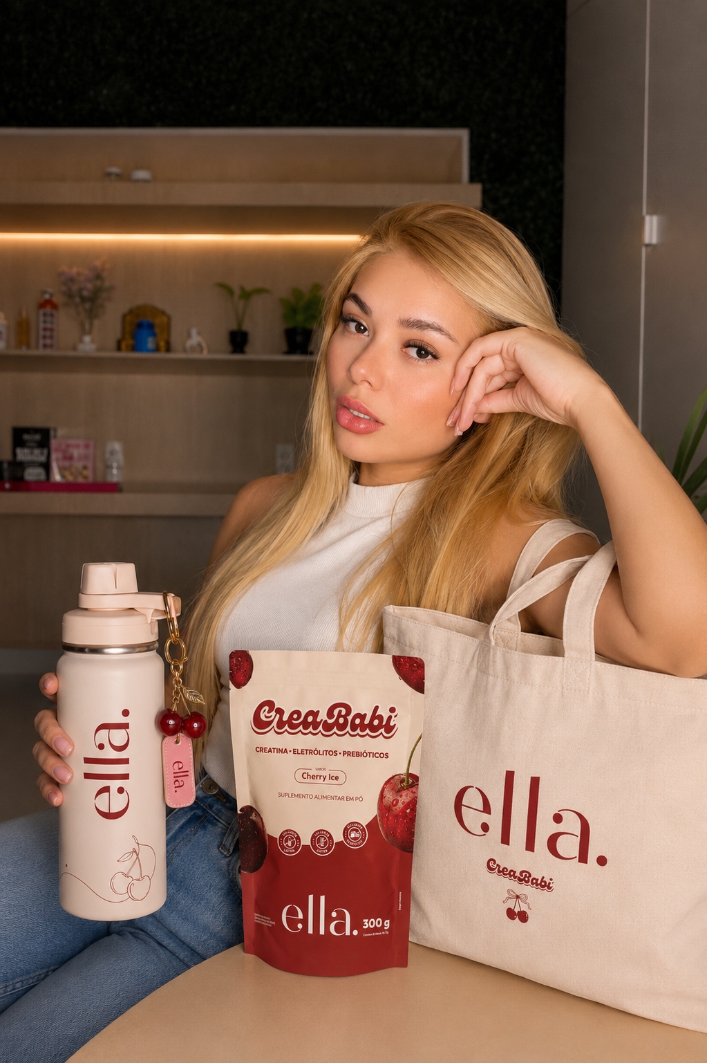 Cliente com pouch, garrafa e ecobag CREABABI